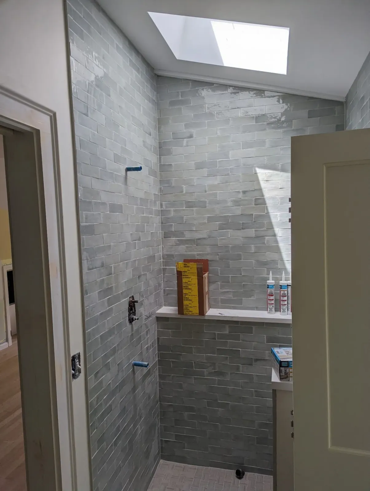 A bathroom with a walk in shower and a skylight.