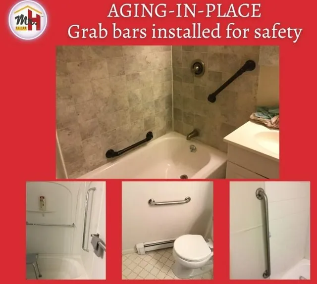Aging-in-place grab bars installed at tubs, showers and toilets