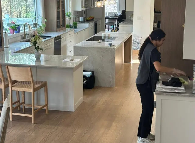 Allegry cleaner detailing an upscale open-concept kitchen in Metro Boston