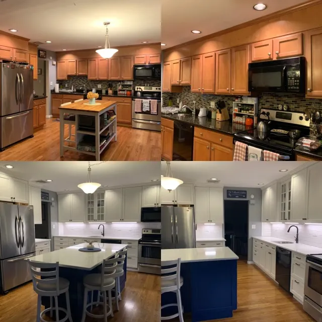 Four pictures of a kitchen with stainless steel appliances