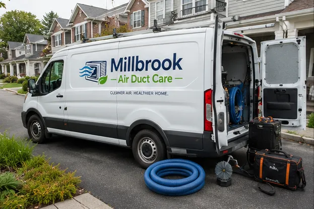 Millbrook Air Duct Care branded service van parked outside a home in the Worcester, MA area