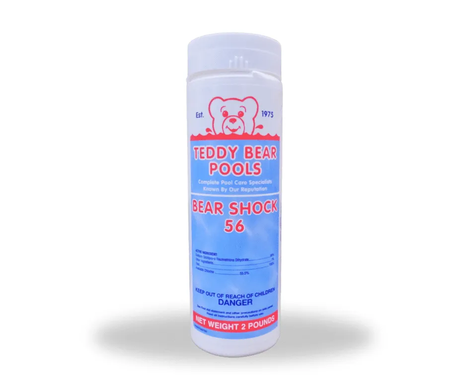 A white bottle labeled 'Teddy Bear Pools Bear Shock 56', a pool chemical product
