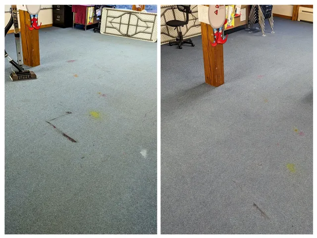 A before and after photo of a carpeted floor