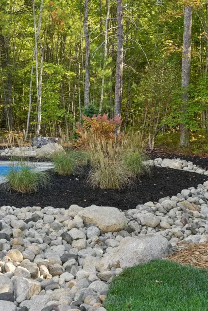 A landscaped garden with a rock bed, mulch, and colorful bushes in front of a forest.