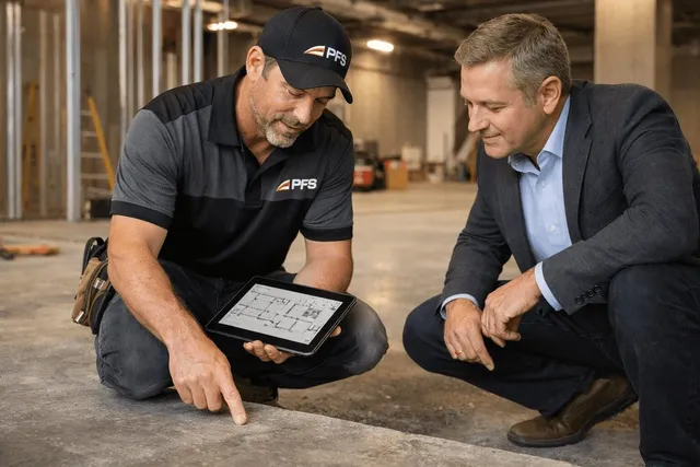 Two men examining a floor with a tablet in an industrial setting.