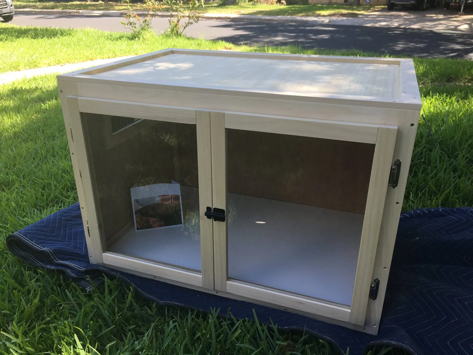 wood, melamine, and plexiglass lizard enclosure with latching doors