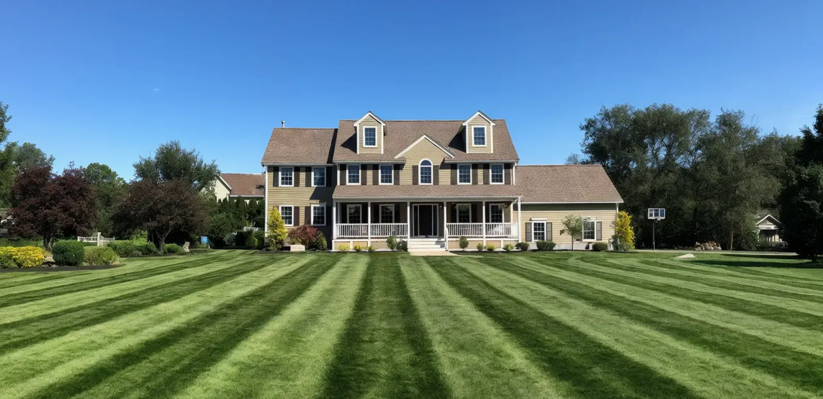 striped grass lawn cut by professional MA landscaper - slide 1