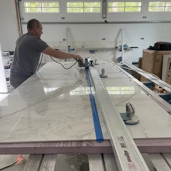 Cross Tiles craftsman fabricating a large porcelain slab, Connecticut