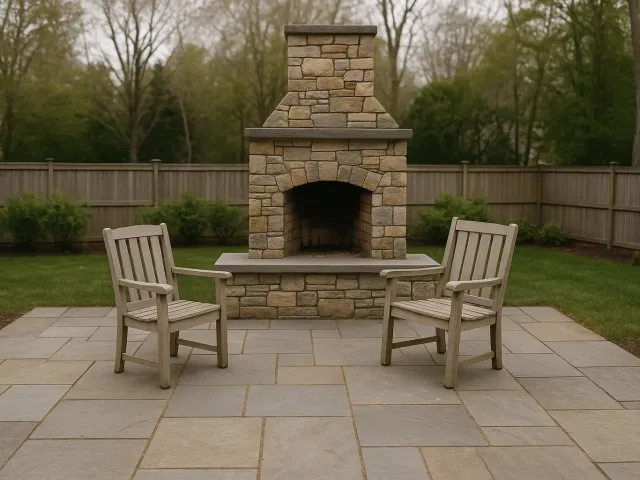 A stone outdoor fireplace on a backyard patio