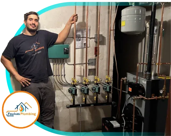 Foukas technician beside boiler and copper plumbing