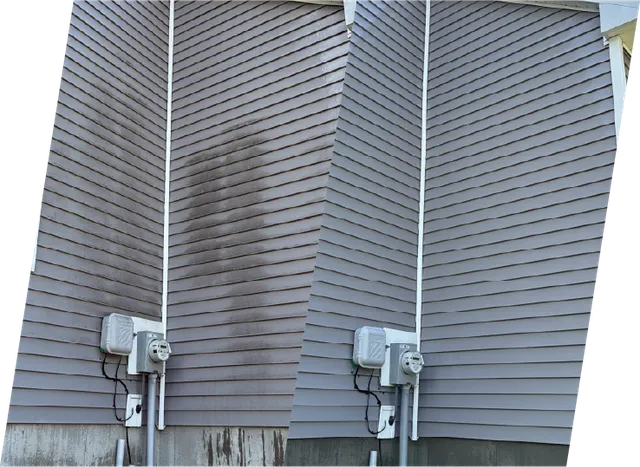 Before and after of siding cleaned by power washing company in Portland, Maine.