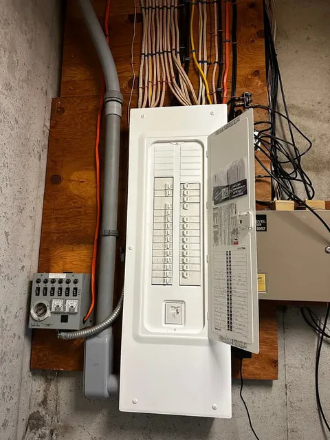 A new basement load center paired with a generator transfer switch and neatly dressed home runs.
