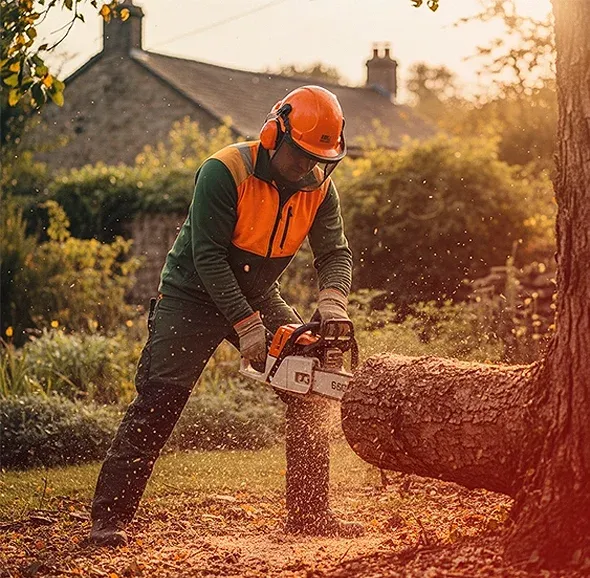 Tree crew cutting a removed trunk into manageable sections
