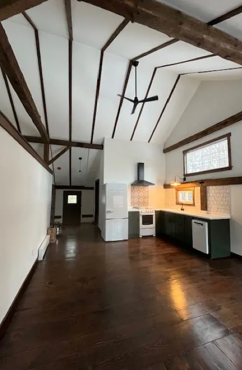 Dreamstate Renovations, LLC - Modern kitchen with exposed beams and hardwood floors, featuring a green and white cabinet setup, sleek appliances, and large windows for natural light