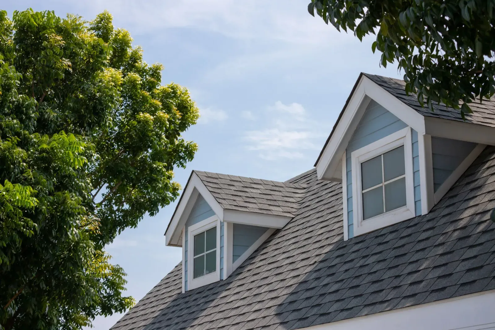The roof of a house with two windows and a tree in the background.