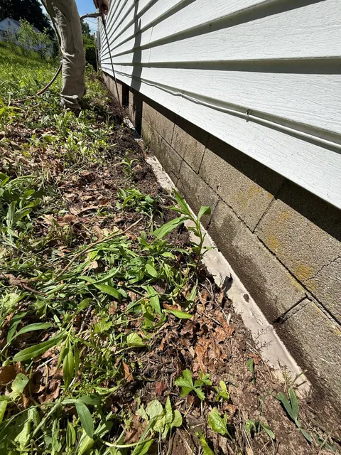 Foundation trench soil barrier pest treatment along exterior siding