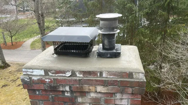 A brick chimney with a new cement crown, featuring a metal chimney cap on the left and a vent cap on the right.