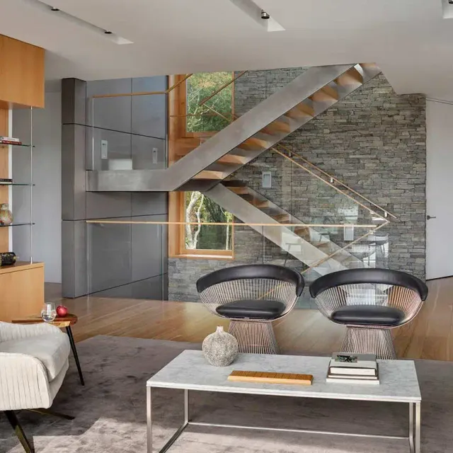 Newport RI, custom stainless steel, glass, wood staircase