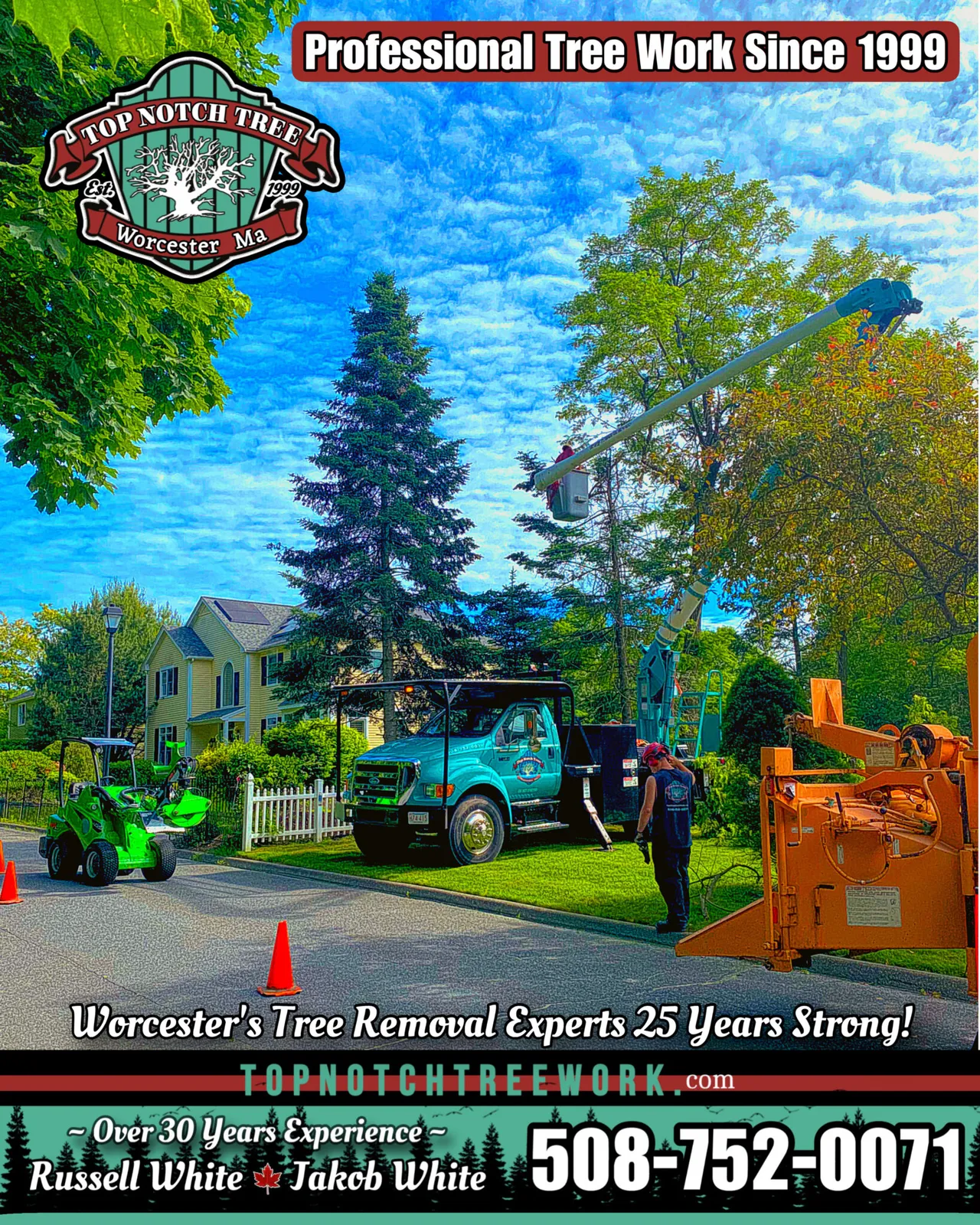 A picture of the front yard with trees and construction equipment.