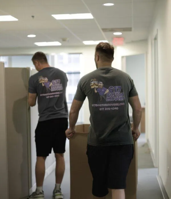 office movers carrying moving boxes in Boston