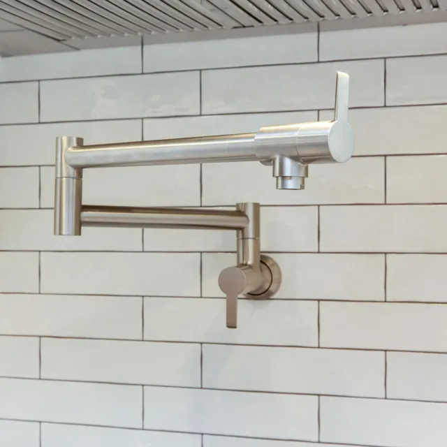 Grohe 31075DC2 pot filler on a subway tile backsplash in a Rye, NH kitchen remodel