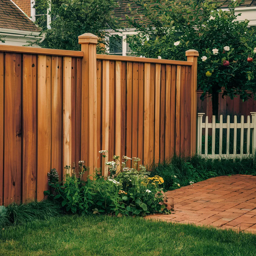 Cedar board fence beside a garden patio