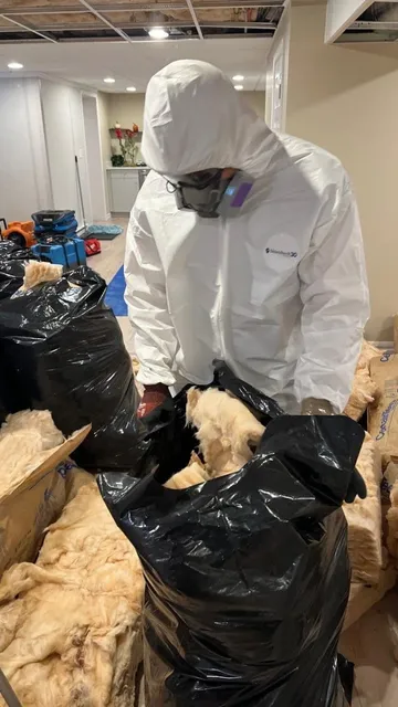Technician in protective clothing placing removed insulation into disposal bags