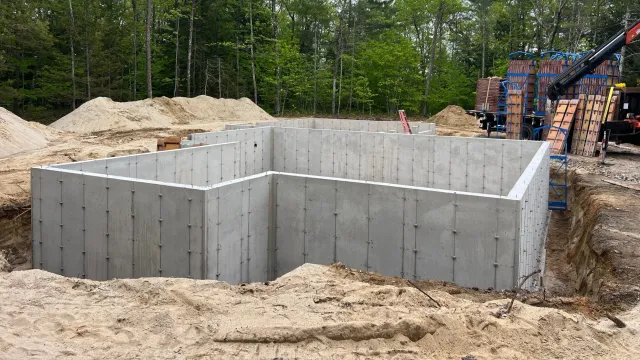 Concrete foundation walls for a building under construction in a wooded area, with construction equipment and materials nearby.