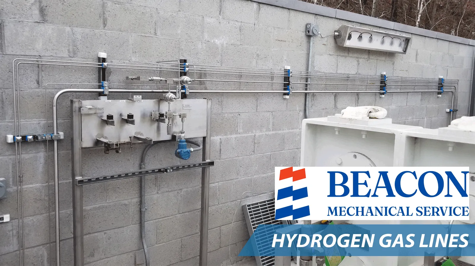 Hydrogen gas lines installation by Beacon Mechanical Service, showcasing process piping and safety features in a commercial setting.