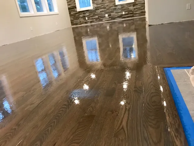 Refinished hardwood floor, wide view