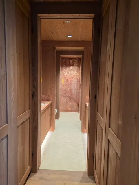 Custom wood paneled hallway and vanity