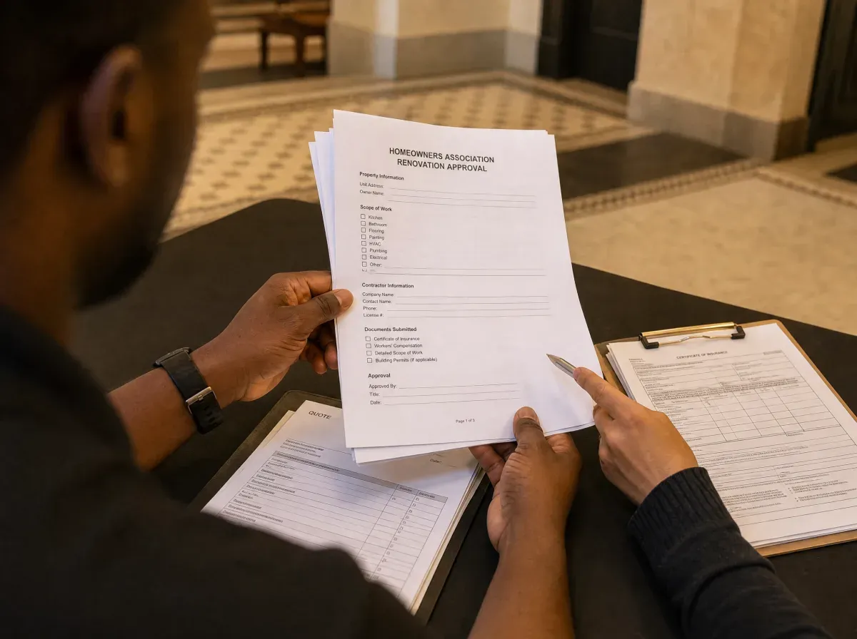 Building manager and contractor reviewing HOA documentation