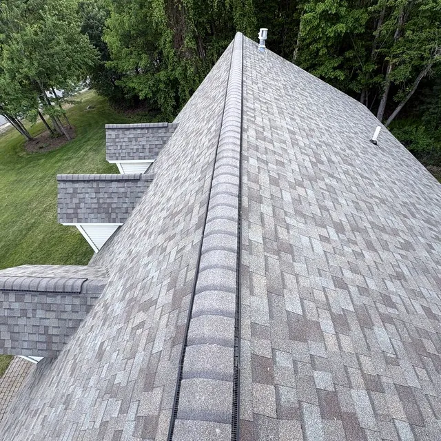 Completed ridge line on a new A-Z Roofing installation