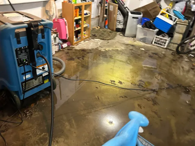A garage with a wet, stained concrete floor, a blue carpet cleaner in the foreground, and various storage bins, shelves, and tools scattered around.
