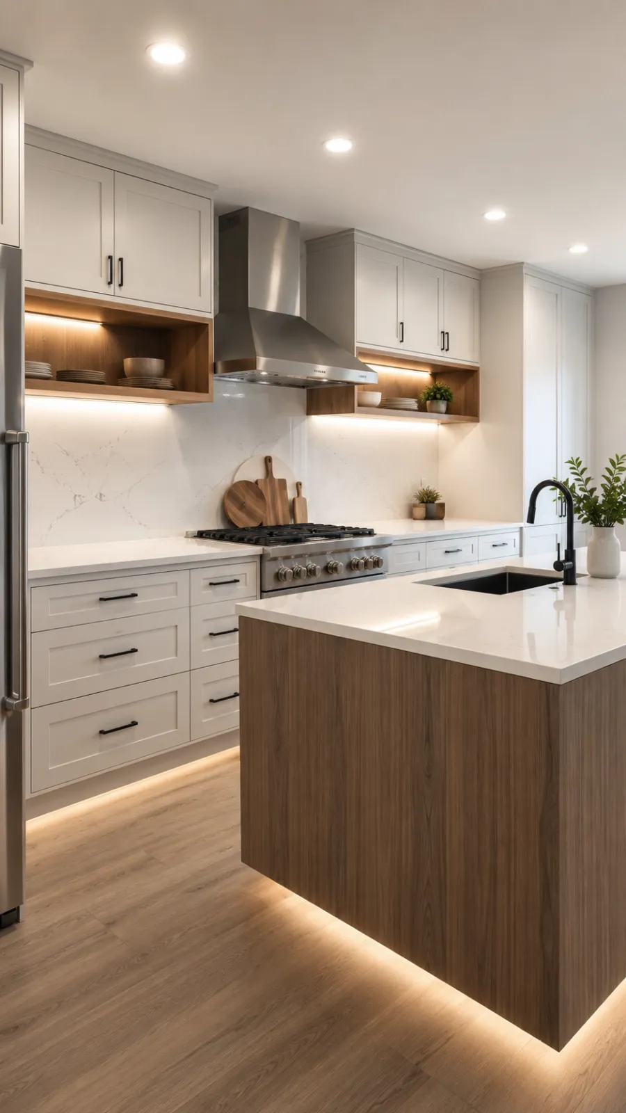 Modern kitchen with white cabinets, wood accents, marble countertops, under-cabinet lighting, and a large island with a sink.