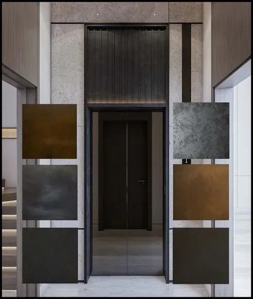 A photograph displaying a variety of elevator interior design finishes. Featured are an oxidized bronze finish, a polished stainless steel finish, and a Cold Rolled Steel (CRS) finish. The oxidized bronze showcases a rich, textured patina with hues of green and brown, exuding an antique and elegant charm. The stainless steel panel shines with a sleek, modern, and minimalist appearance, reflecting light brilliantly. The CRS panel offers a contrast with its matte, industrial look, characterized by subtle gray tones. These diverse finishes exemplify the wide range of styling options available in elevator interior design.