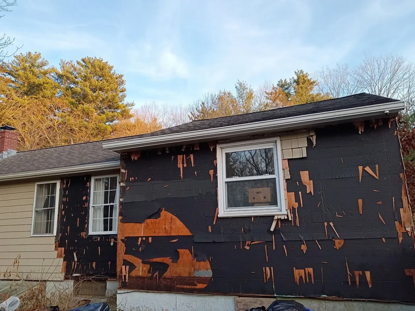 Exterior of a house with peeling black siding, white window frames, and weathered roof.