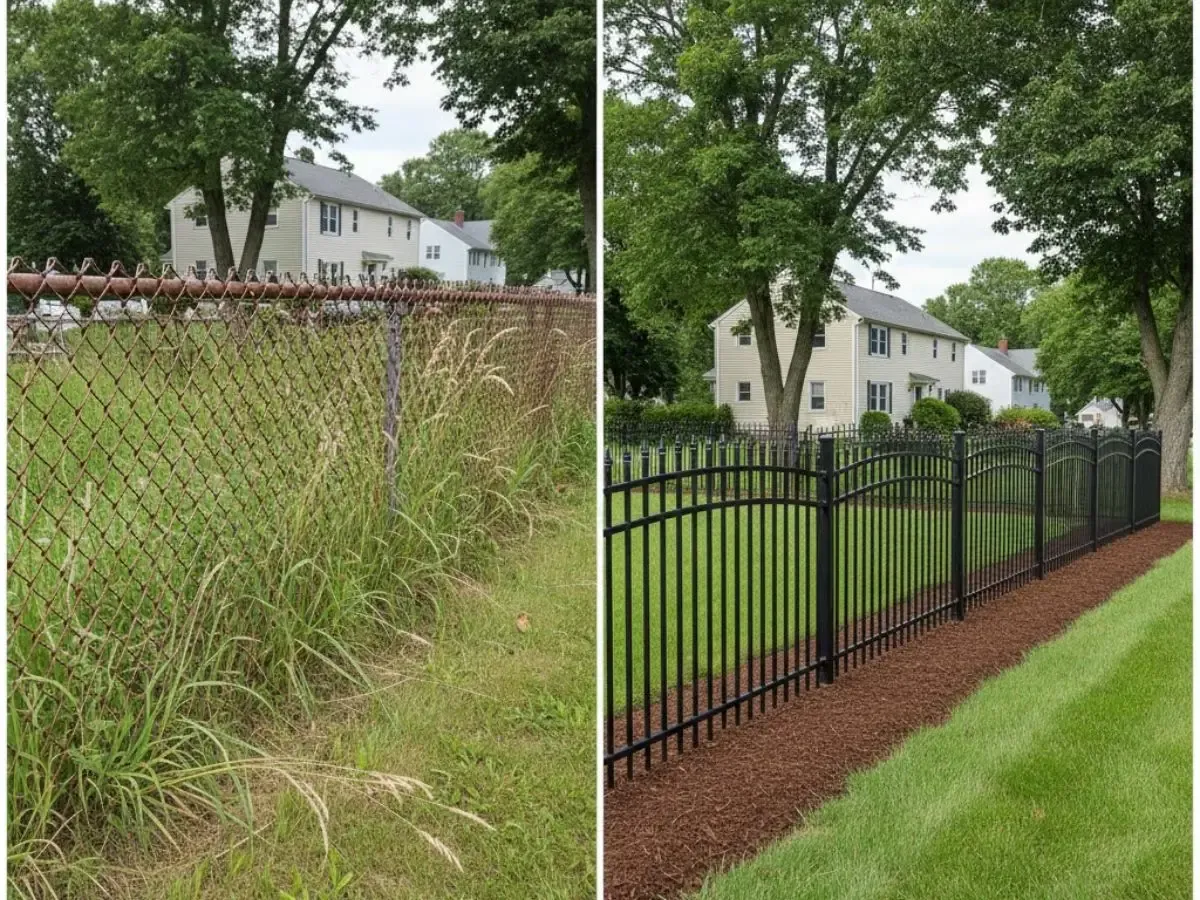 Before and after split screen showing aluminum fence installation by Olympic Fence Company in Merrimac, Massachusetts.