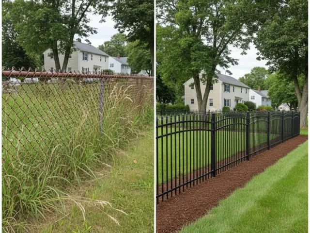 Before and after split screen showing aluminum fence installation by Olympic Fence Company in Merrimac, Massachusetts.