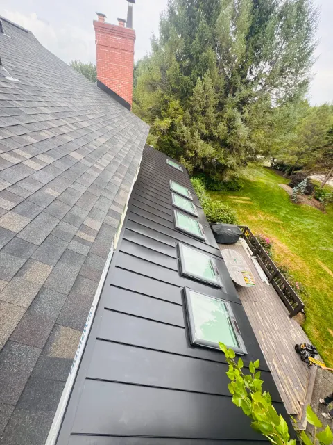 Roof with black skylights beside a brick chimney and green yard.