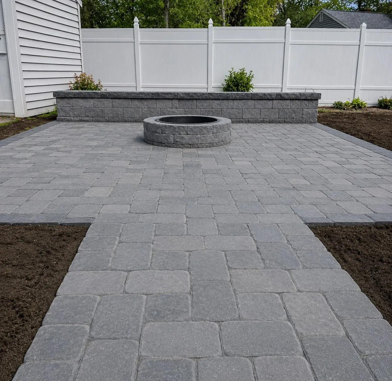 Gray paver patio with circular fire pit and raised seating wall in a fenced backyard