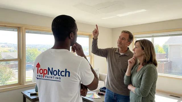 Top Notch Pro Painting consultant discussing interior ceiling repairs and painting options with homeowners during an in-home consultation.