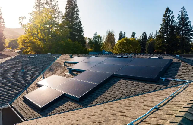 Rooftop solar panels on a house surrounded by tall trees under a clear blue sky. The sunlight casts subtle shadows on the panels, which are neatly arranged on the shingled roof.