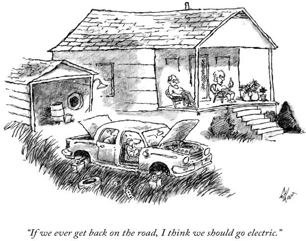 Cartoon couple on porch overlooking broken-down car