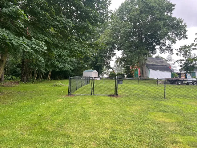 There is a basketball hoop in the middle of a lush green field.