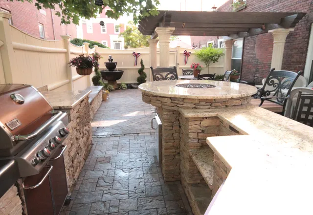 Fieldstone wall and terraced planting