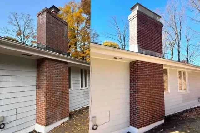 Before-and-after view of a brick chimney and white house exterior renovation.