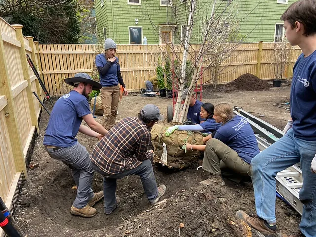 A group of people planting a tree in a backyard.