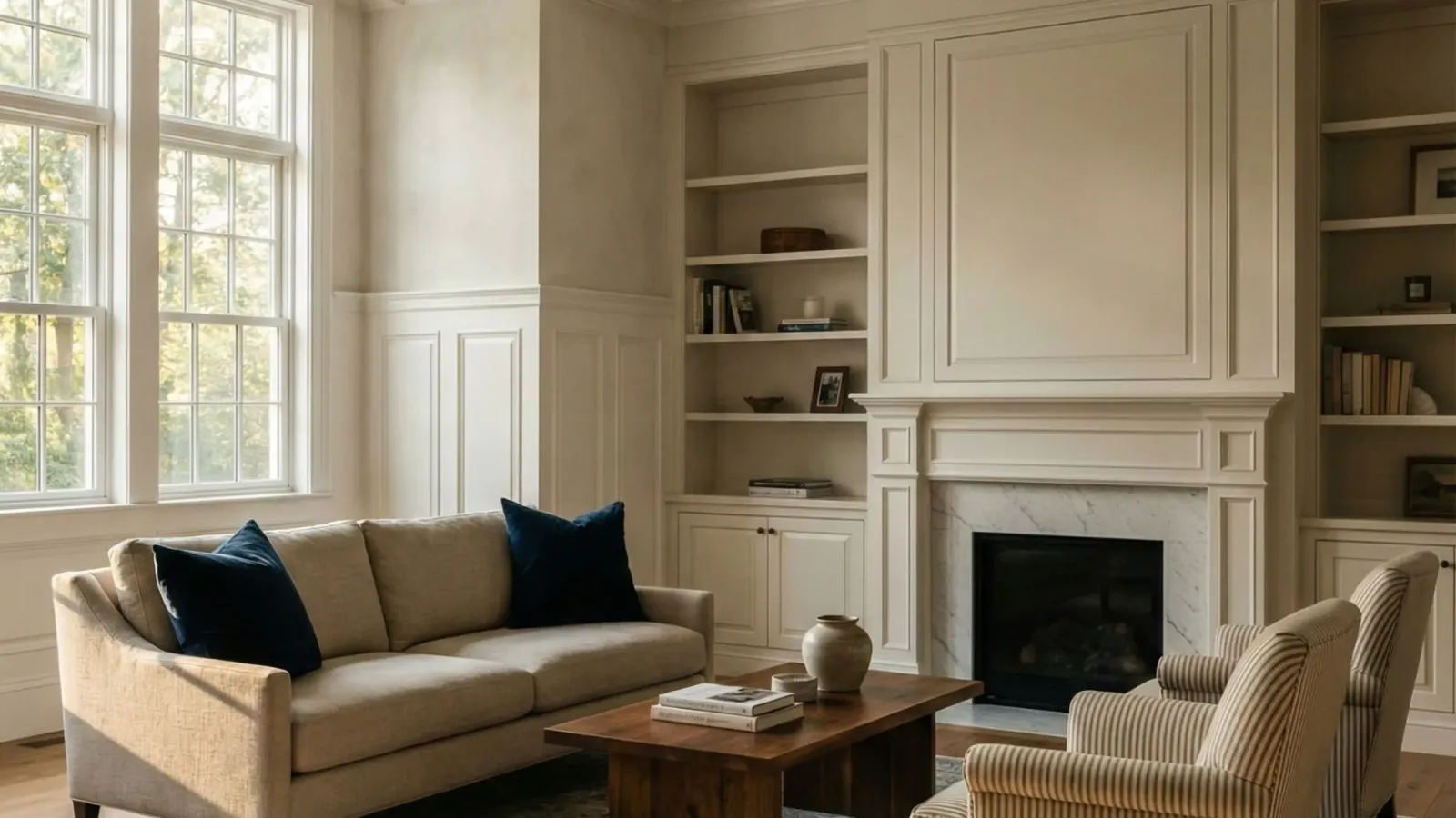 Interior finish carpentry: built-ins, mantel, and wainscoting