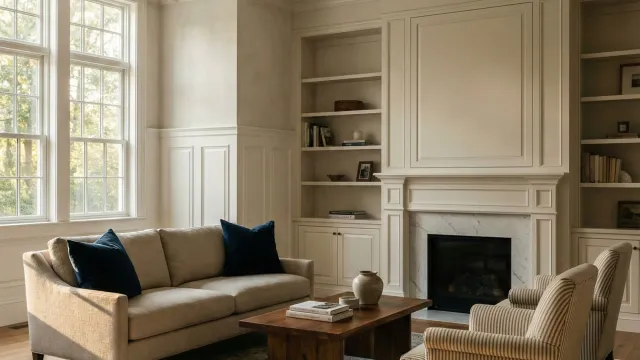 Interior finish carpentry: built-ins, mantel, and wainscoting